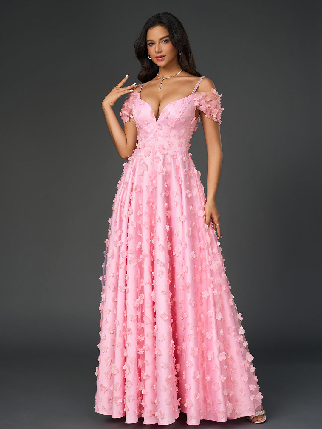 deep v-neck crisscross back floral applique decorationn prom dress#color_pink