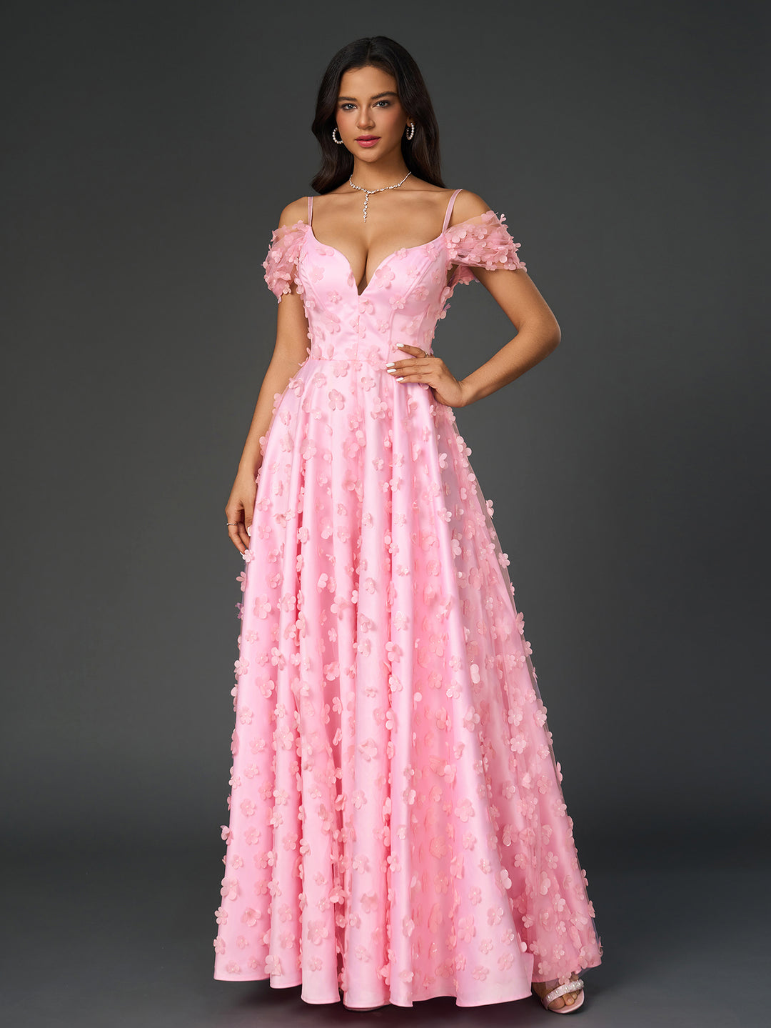 deep v-neck floral applique decoration crisscross back prom dress#color_pink