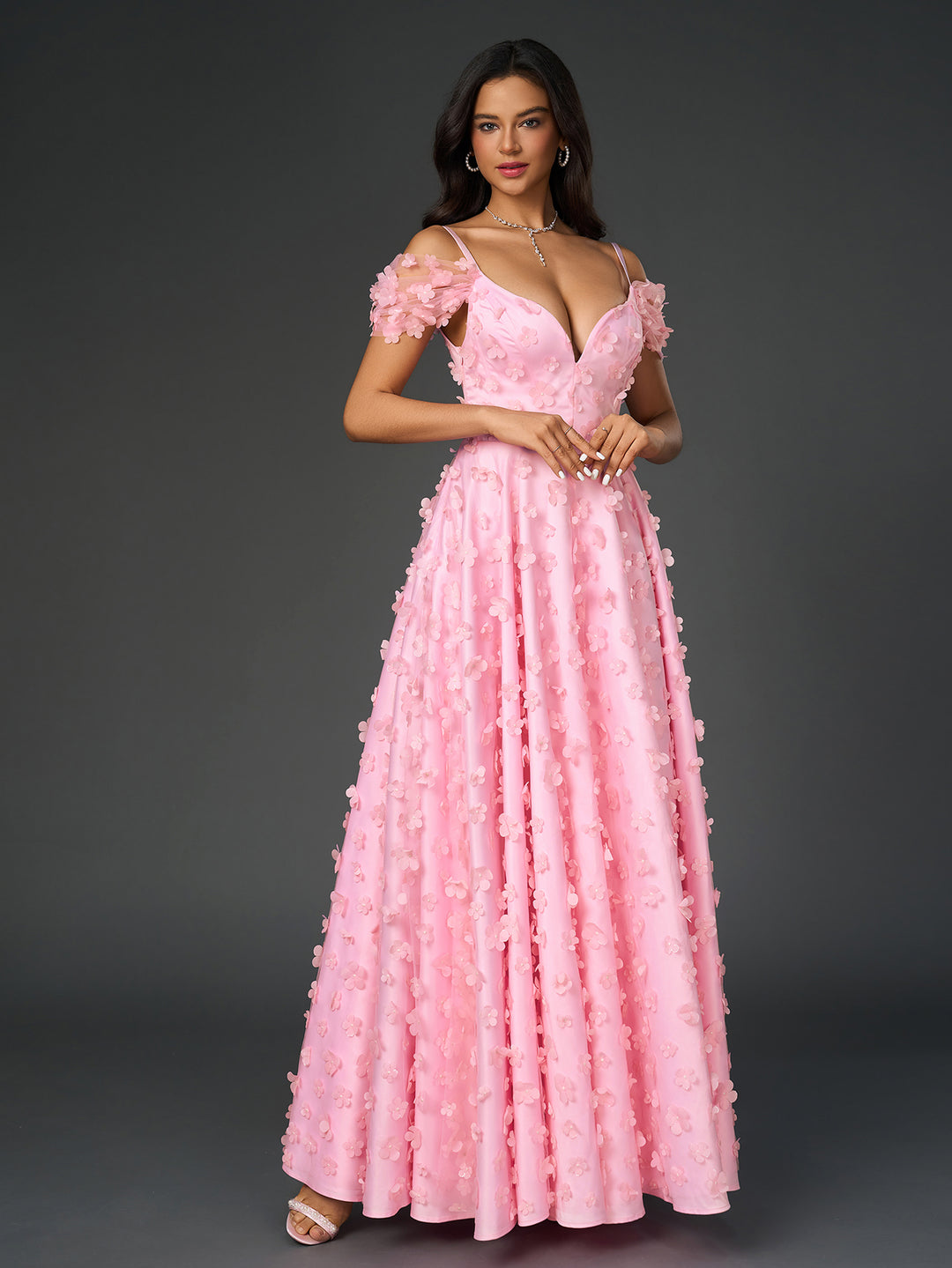 floral applique decoration deep v-neck crisscross back prom dress#color_pink