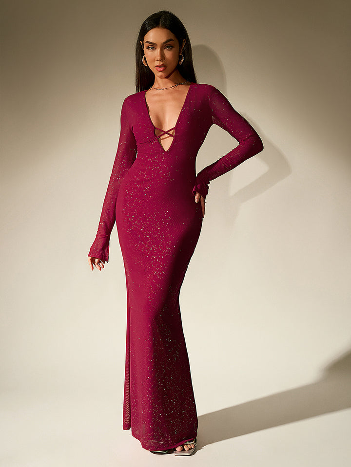 crisscross tie front glitter deep v-neck bodycon dress#color_wine