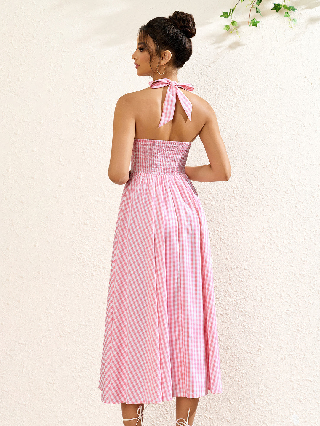 halter deep v-neck plaid print dress#color_pink