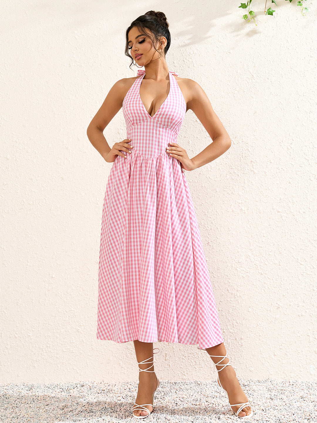 halter plaid print deep v-neck dress#color_pink