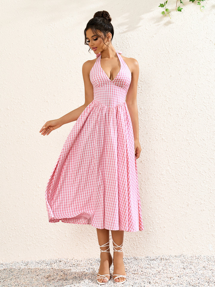 deep v-neck halter plaid print 
dress#color_pink