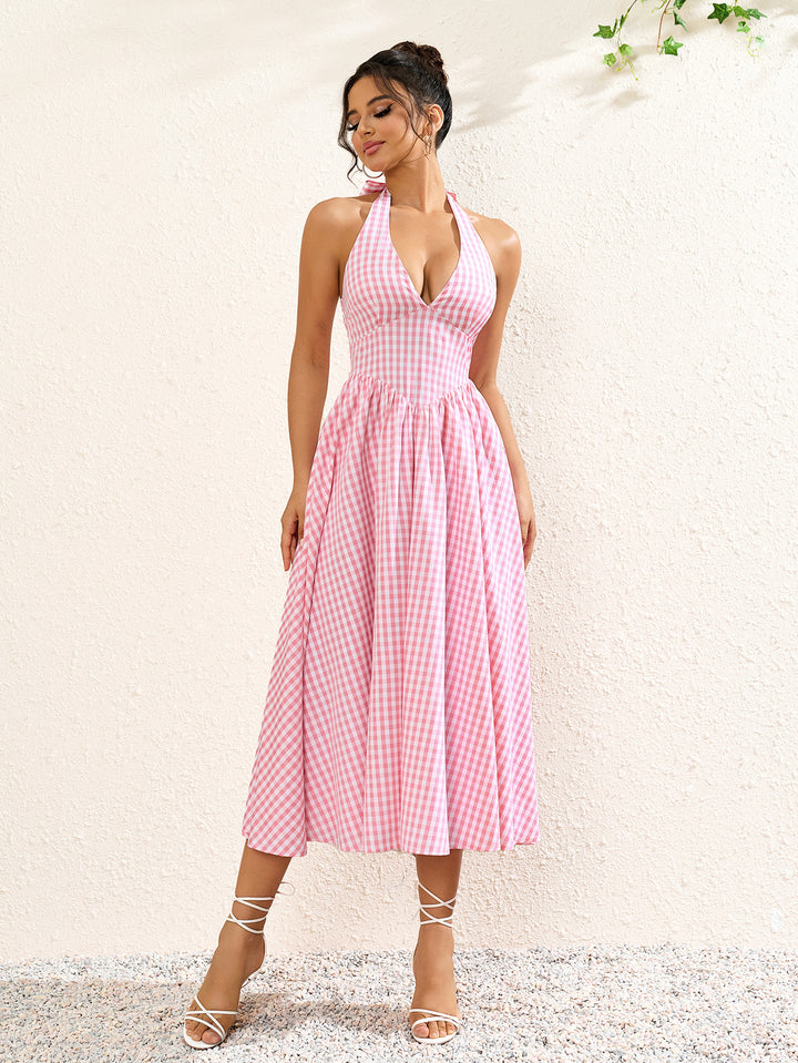 deep v-neck plaid print halter dress#color_pink