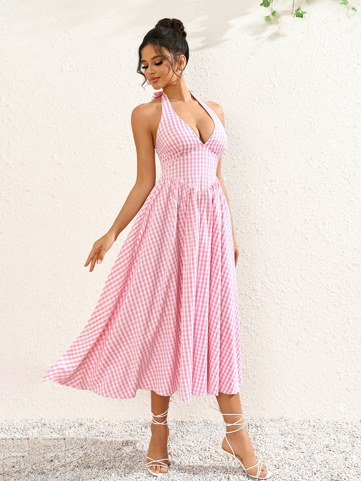 plaid print deep v-neck halter dress#color_pink