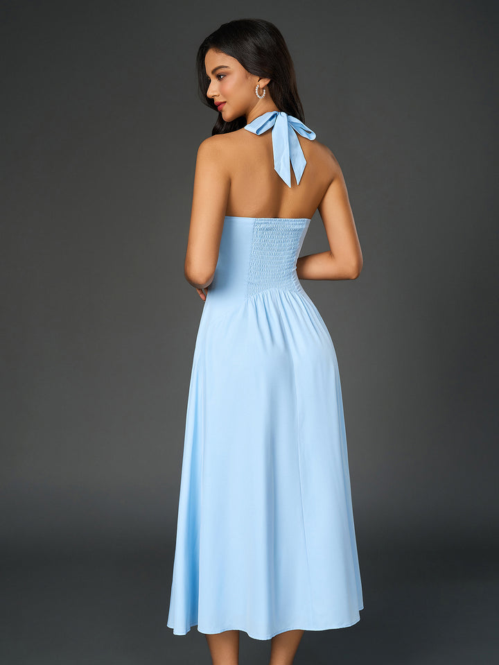 halter deep v-neck ruched back solid dress#color_blue