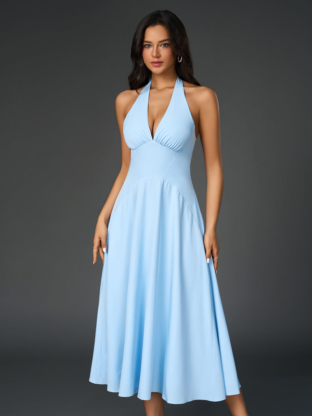 ruched back halter deep v-neck solid dress#color_blue