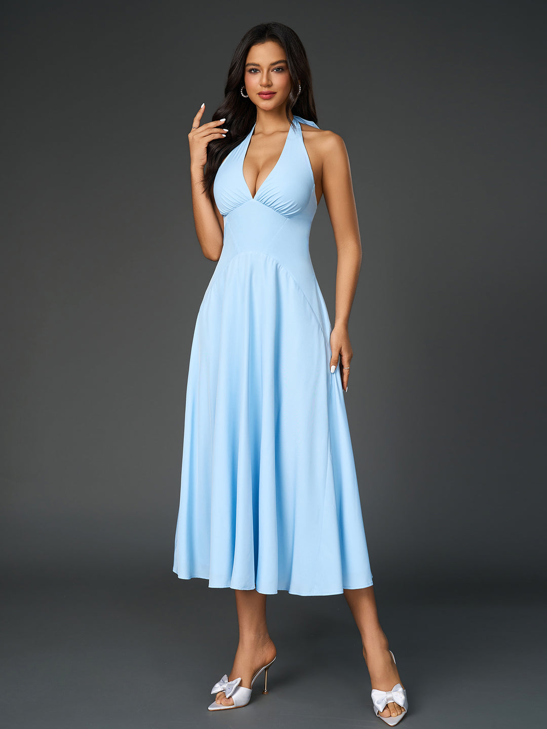 halter ruched back deep v-neck solid dress#color_blue