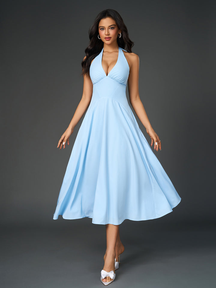 deep v-neck halter ruched back solid dress#color_blue