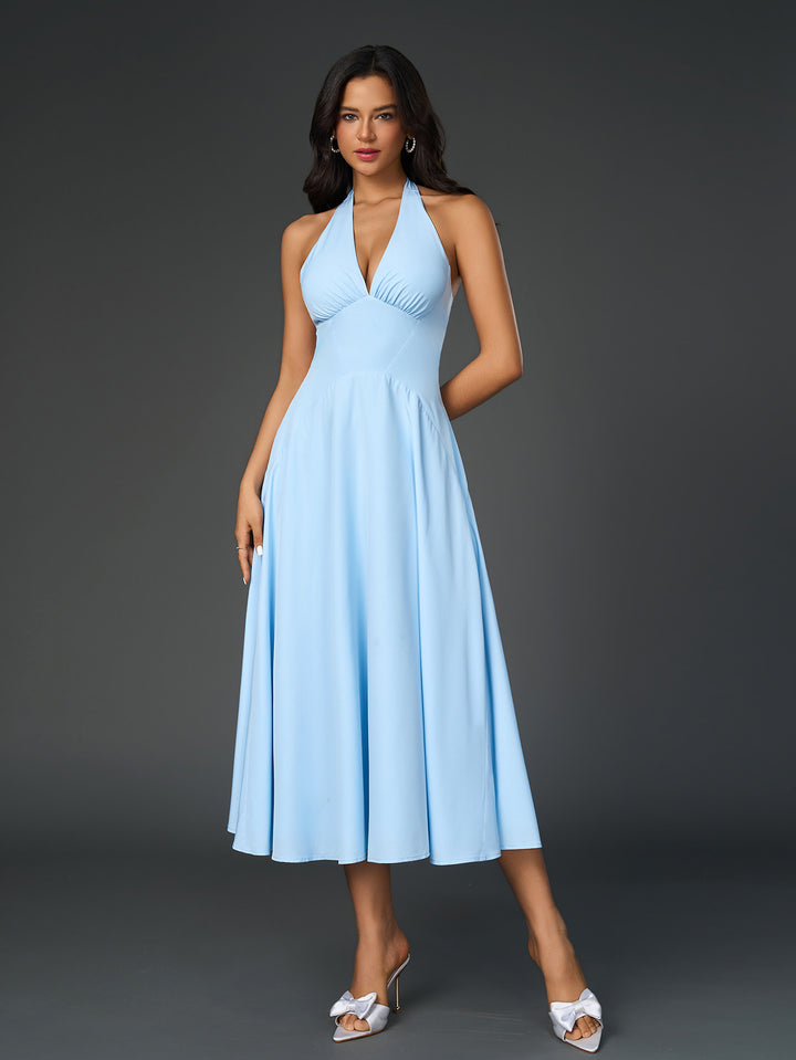 deep v-neck ruched back halter solid dress#color_blue