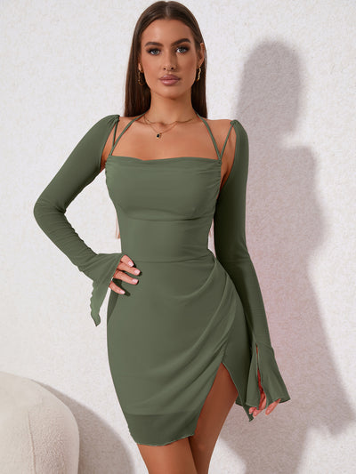 split hem draped front flounce sleeve ruched side mesh dress#color_turquoise