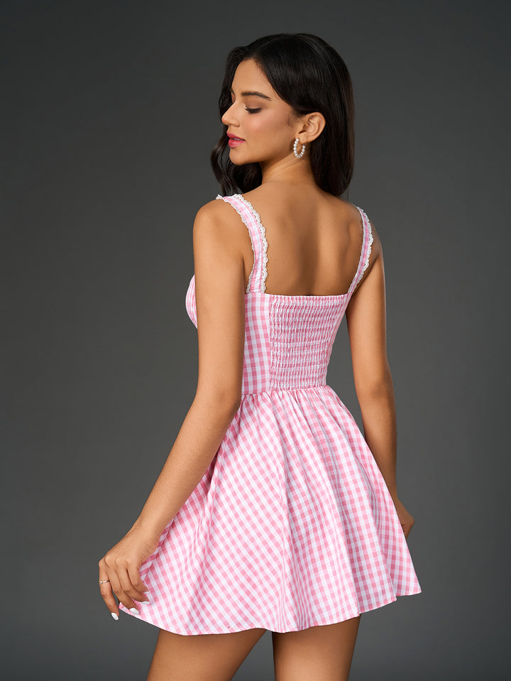 plaid print embellished button cami dress#color_pink