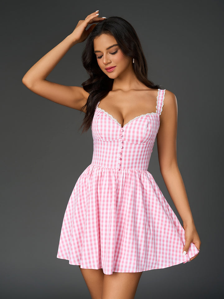 cami embellished button plaid print dress#color_pink