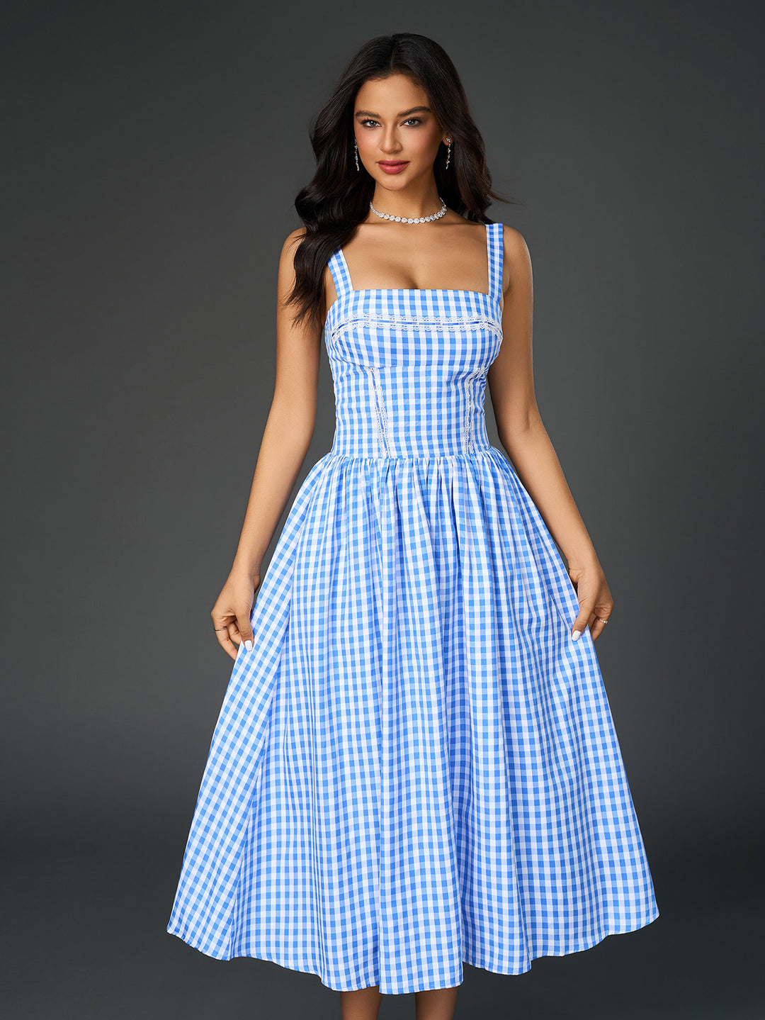 pocket plaid print embellished lace trim midi dress#color_blue