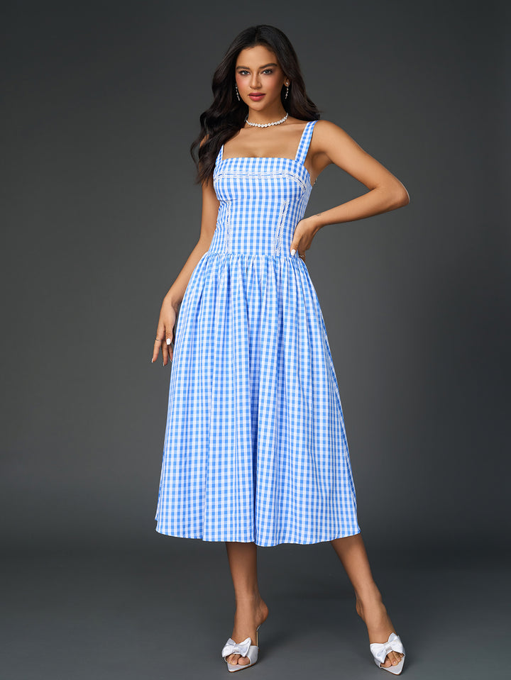 embellished lace trim pocket plaid print midi dress#color_blue