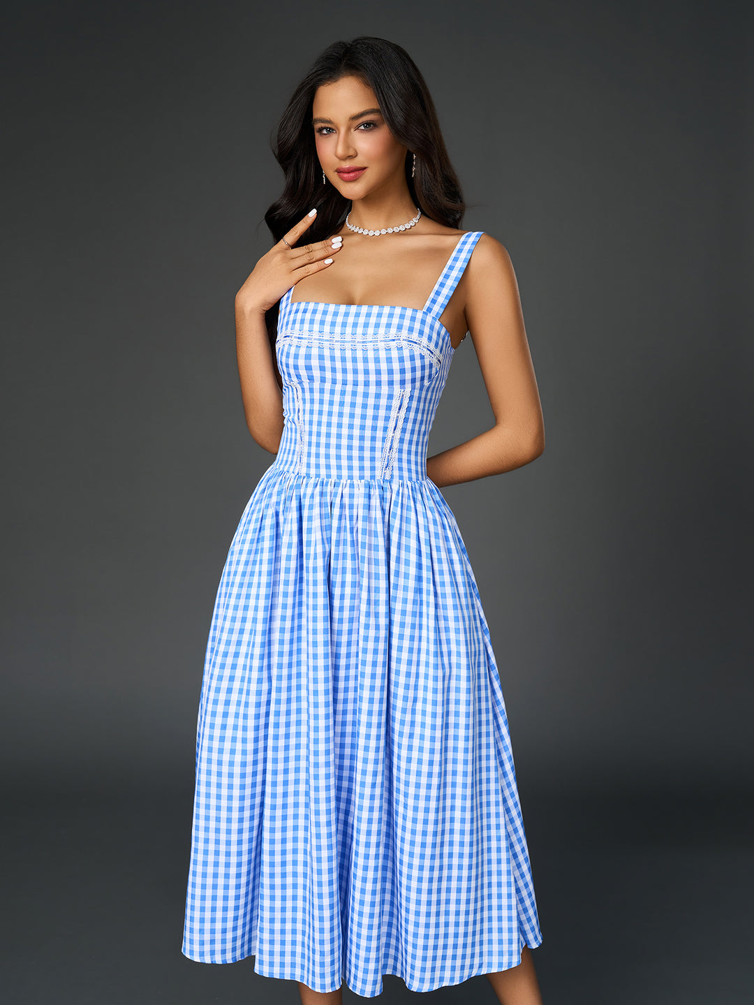 embellished lace trim plaid print pocket midi dress#color_blue