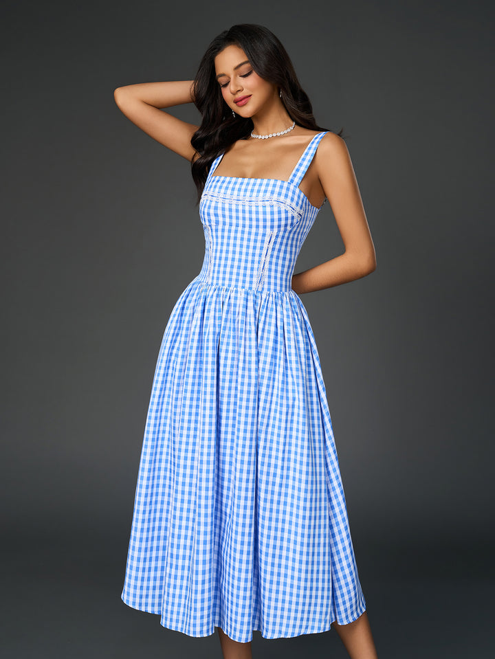 plaid print embellished lace trim pocket midi dress#color_blue