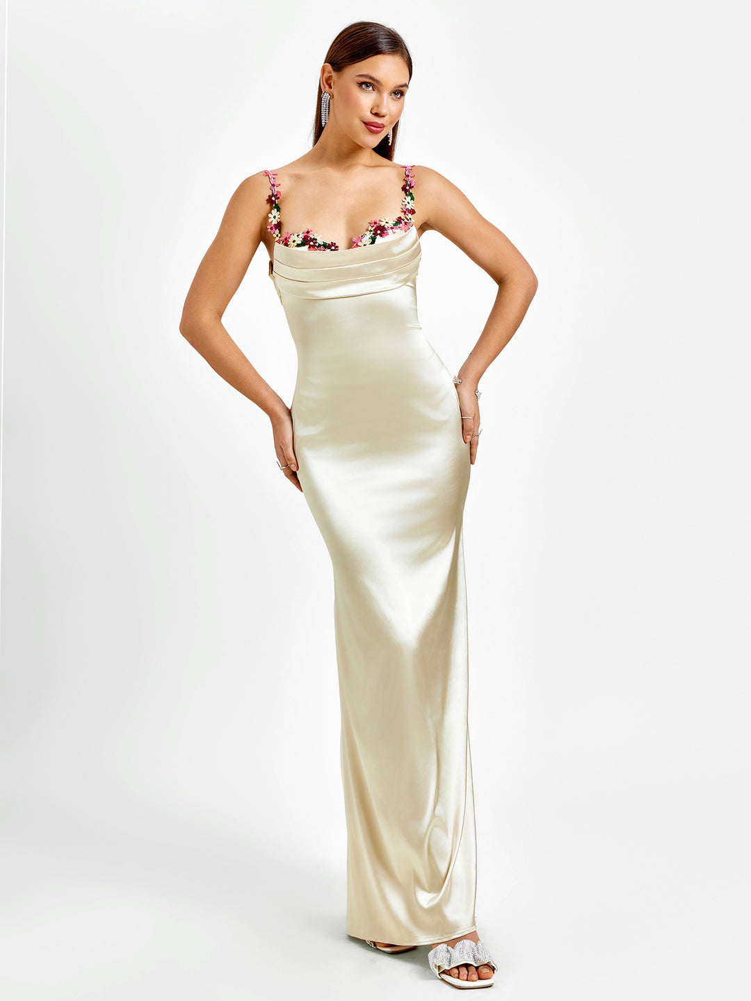 embellished strap tie back satin bodycon dress#color_ivory