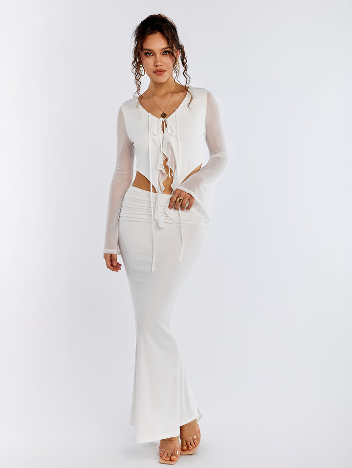 trim embellished mesh crop top&ruched slit bodycon skirt#color_white