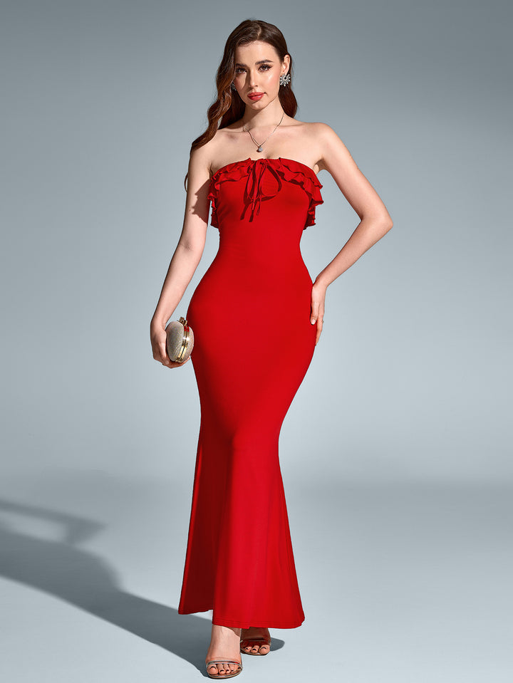 tie front mermaid embellished trim tube dress#color_red