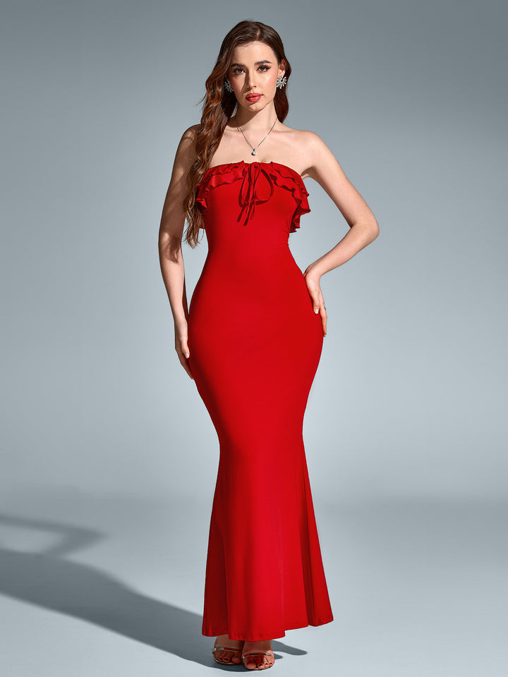 embellished trim tie front mermaid tube dress#color_red