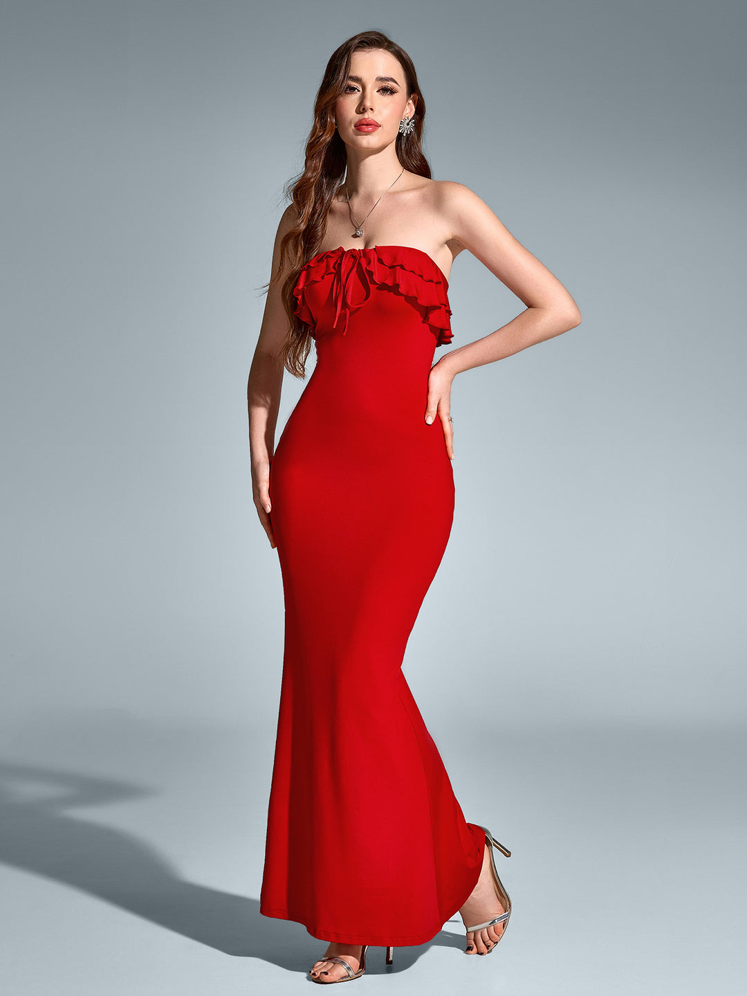 embellished trim mermaid tie front tube dress#color_red