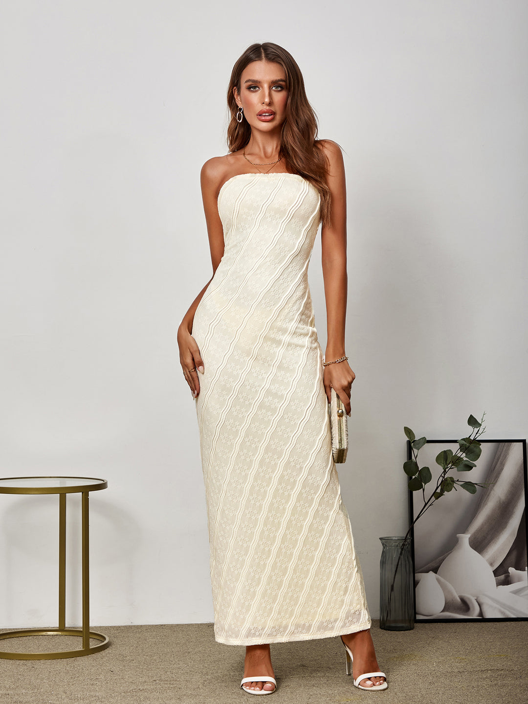 bodycon tube embroidery lace long dress#color_beige