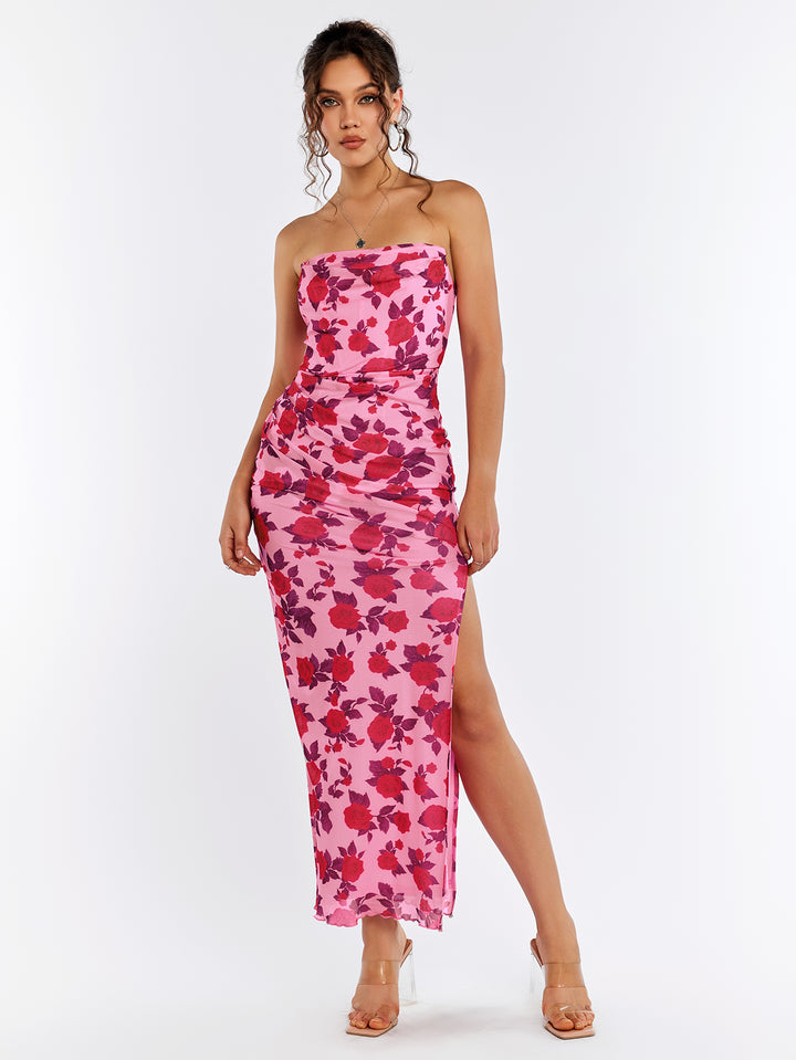 backless floral tube split hem bodycon dress#color_rose