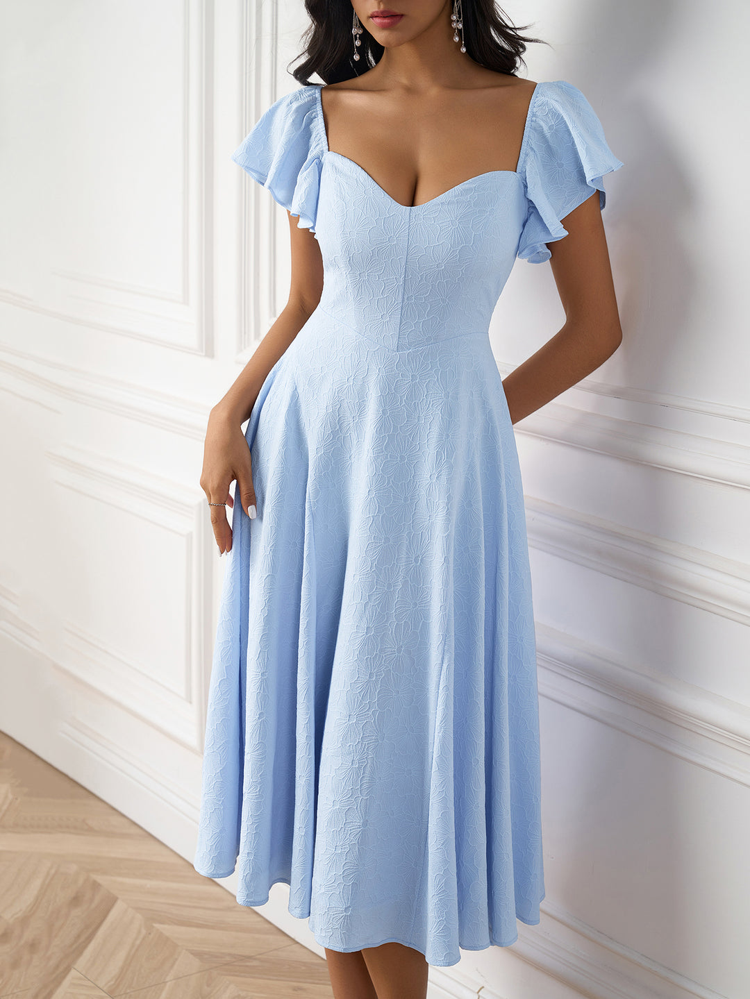 solid jacquard flounce sleeve midi dress#color_blue