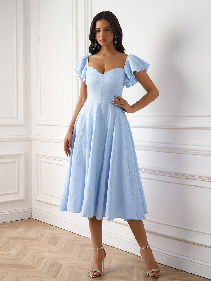 flounce sleeve jacquard solid midi dress#color_blue