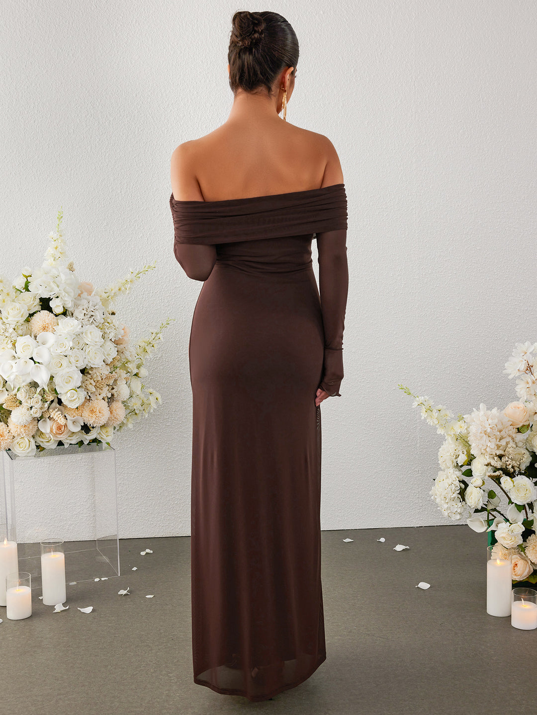 off shoulder flounce sleeve mesh bodycon dress#color_brown