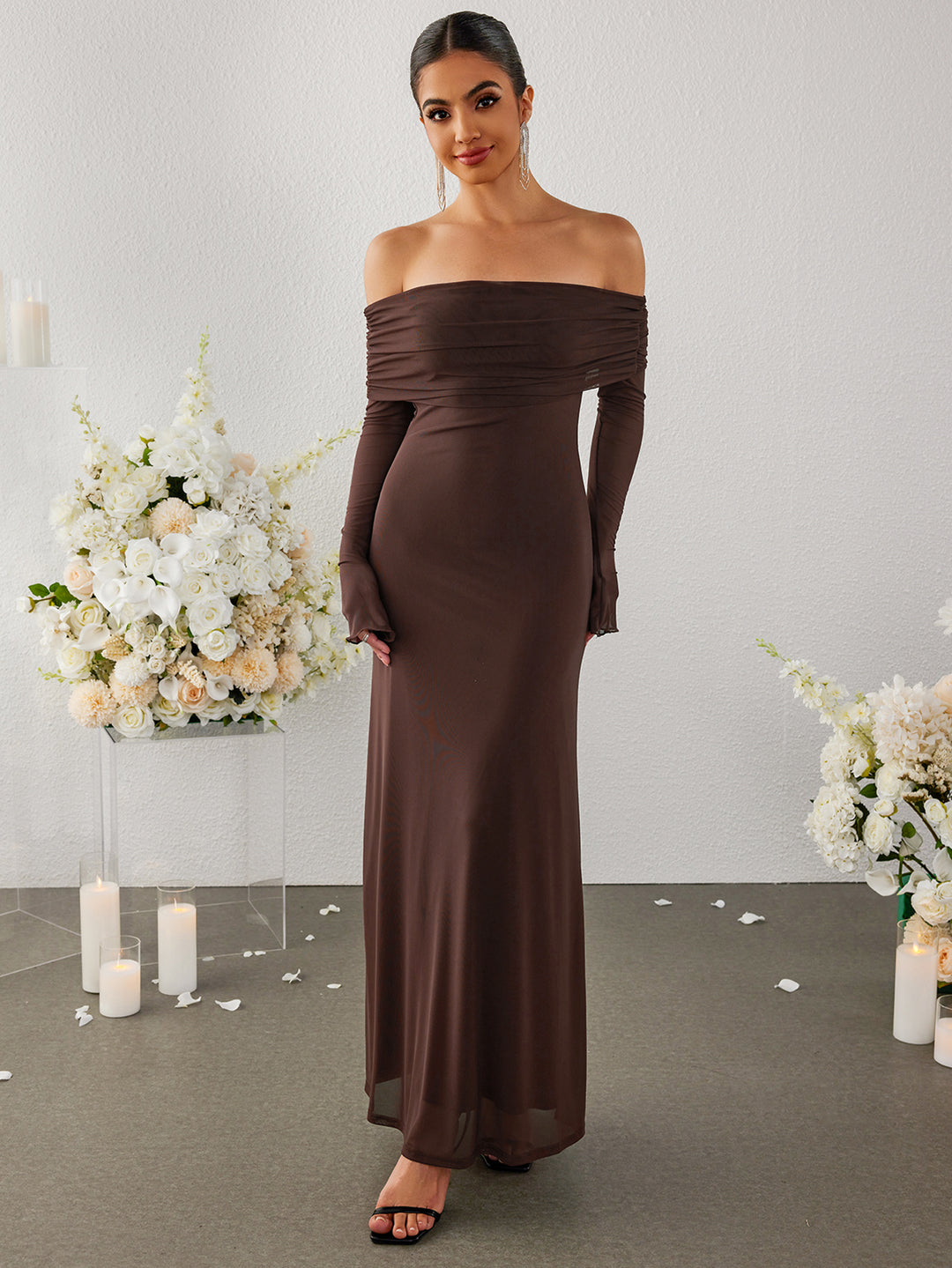 off shoulder mesh flounce sleeve bodycon dress#color_brown