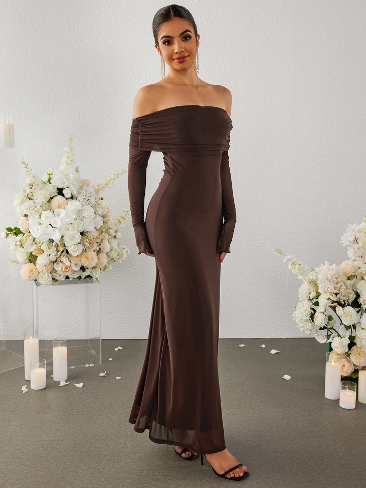 mesh flounce sleeve off shoulder bodycon dress#color_brown