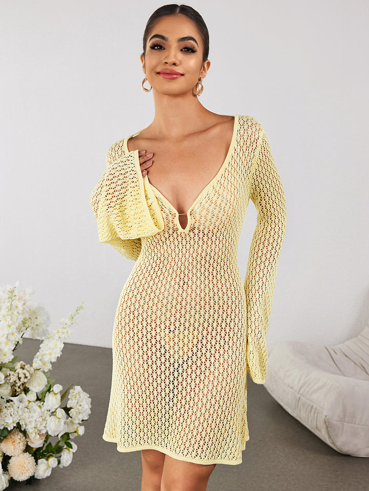 flounce sleeve tie back sweater dress#color_yellow