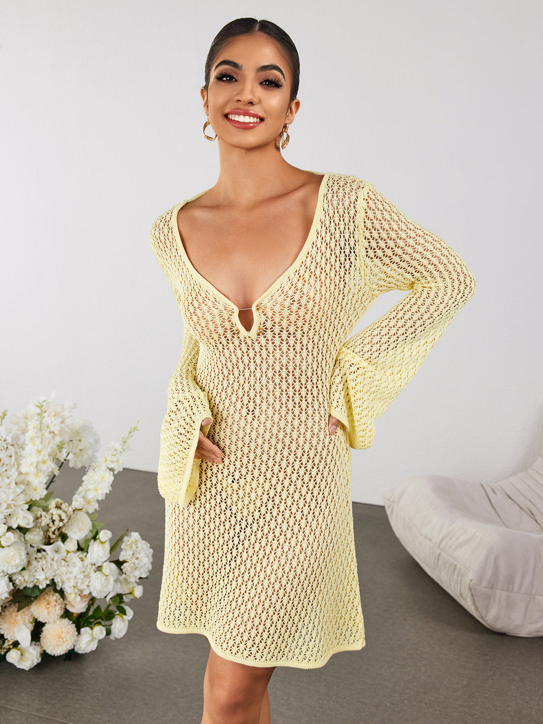 flounce sleeve sweater tie back dress#color_yellow