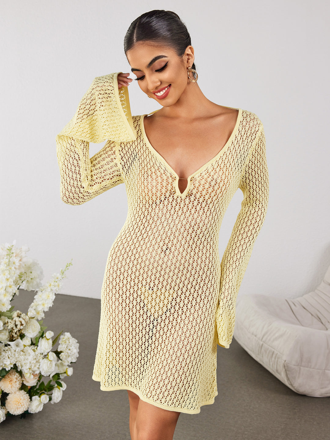 sweater flounce sleeve tie back dress#color_yellow