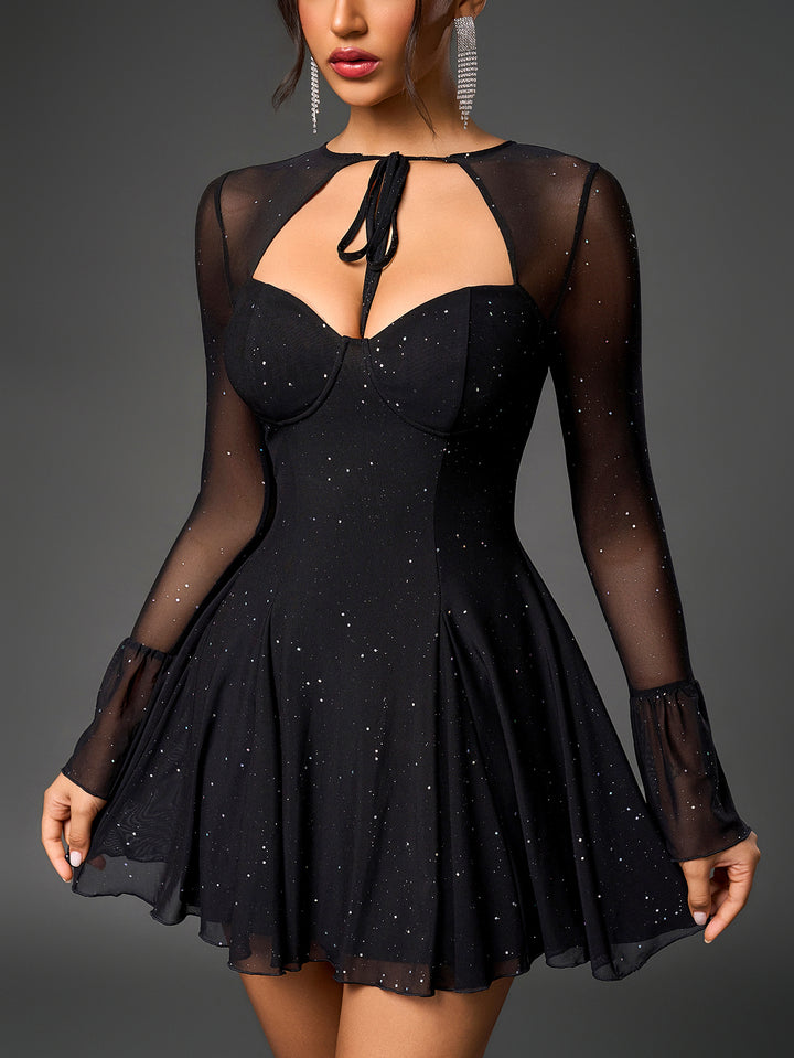 mesh glitter tie front flounce sleeve flared dress#color_black