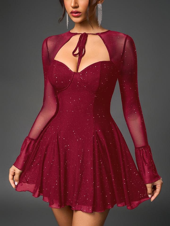 mesh glitter tie front flounce sleeve flared dress#color_wine