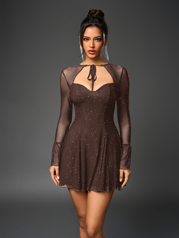 flounce sleeve tie front glitter mesh flared dress#color_brown