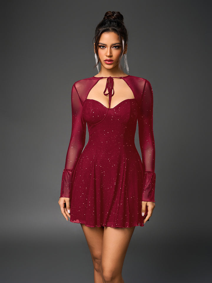 flounce sleeve tie front glitter mesh flared dress#color_wine