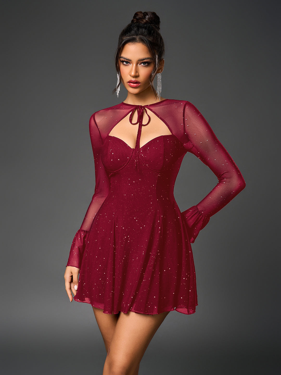 flounce sleeve glitter tie front mesh flared dress#color_wine