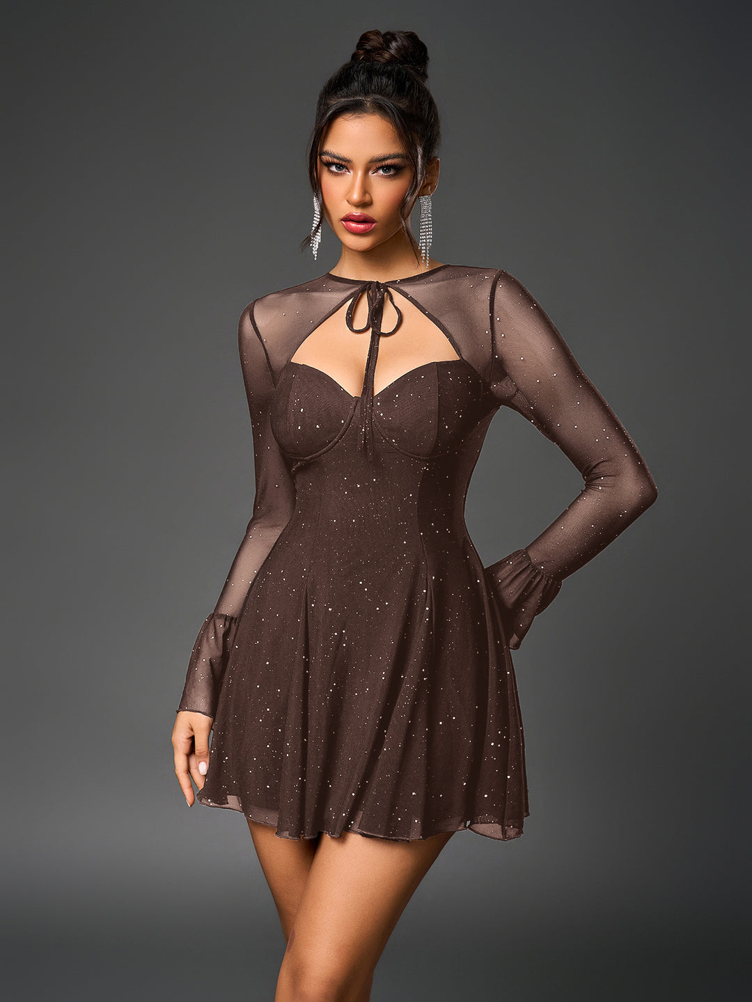 flounce sleeve glitter tie front mesh flared dress#color_brown