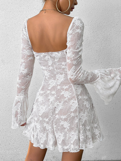 tie front flounce sleeve pleat lace dress#color_white