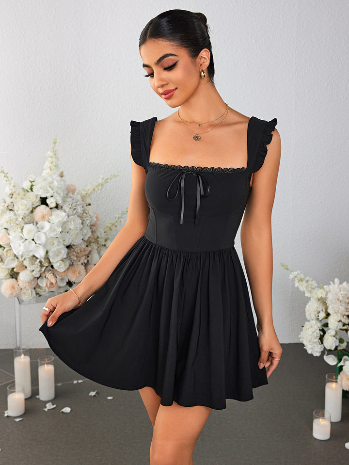 fly sleeve lace trim tie front mini dress#color_black