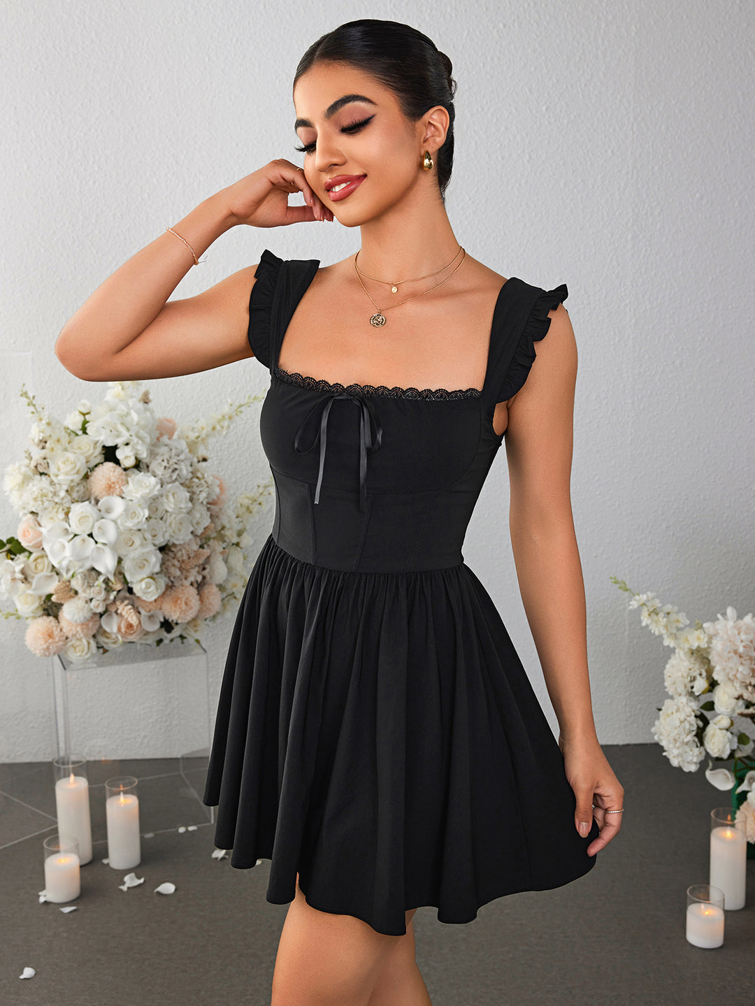 fly sleeve tie front lace trim mini dress#color_black