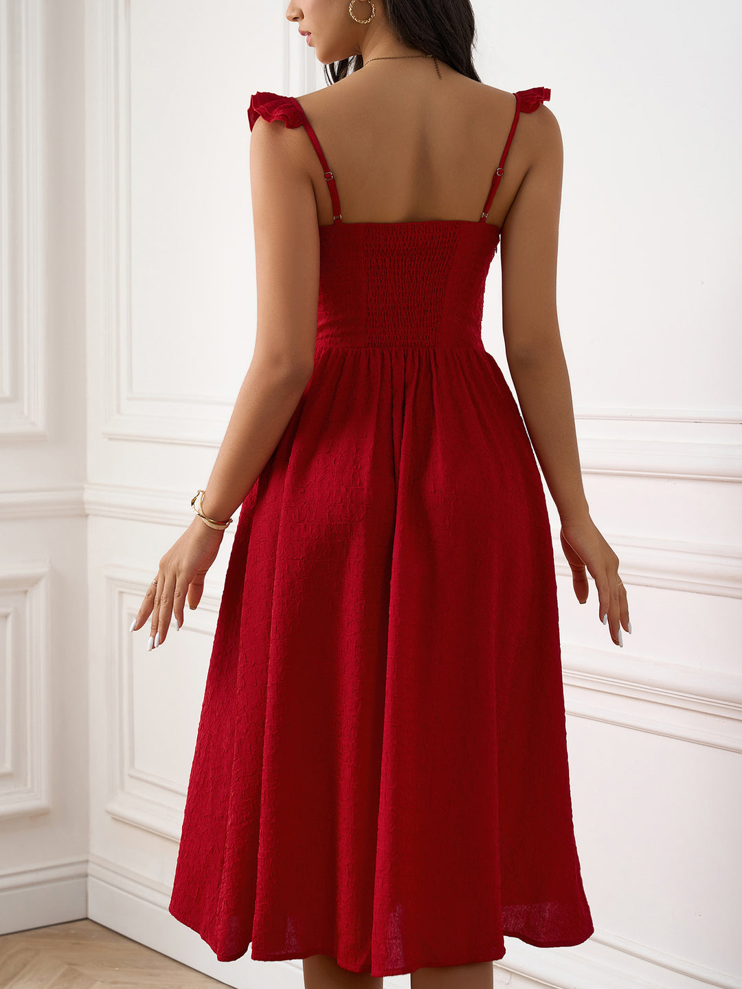 ruched fly sleeve split thigh solid dress#color_red