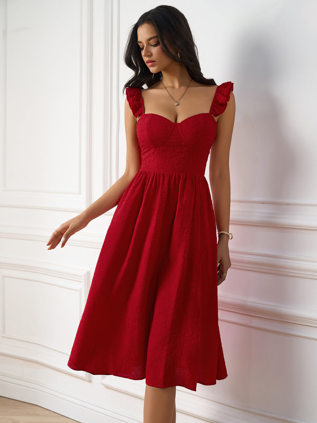 split thigh fly sleeve ruched solid dress#color_red