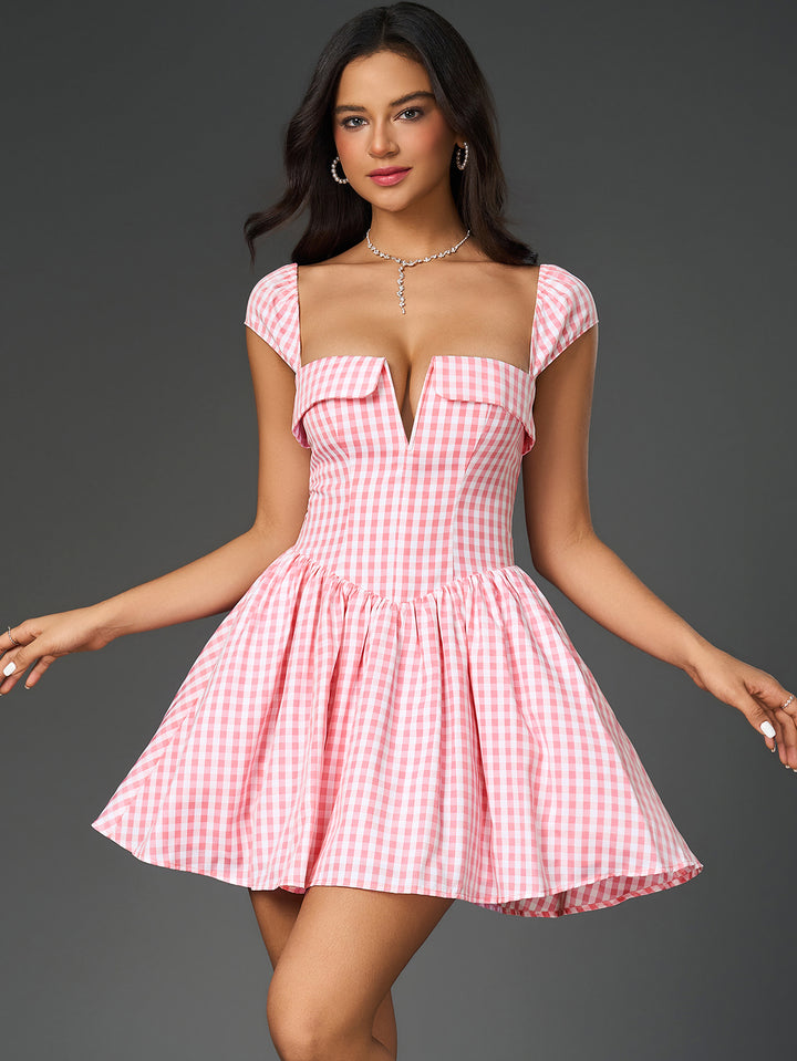 fly sleeve v-neck plaid print mini dress#color_pinkgrid