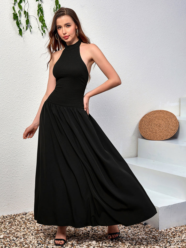 flared hem backless halter long dress#color_black