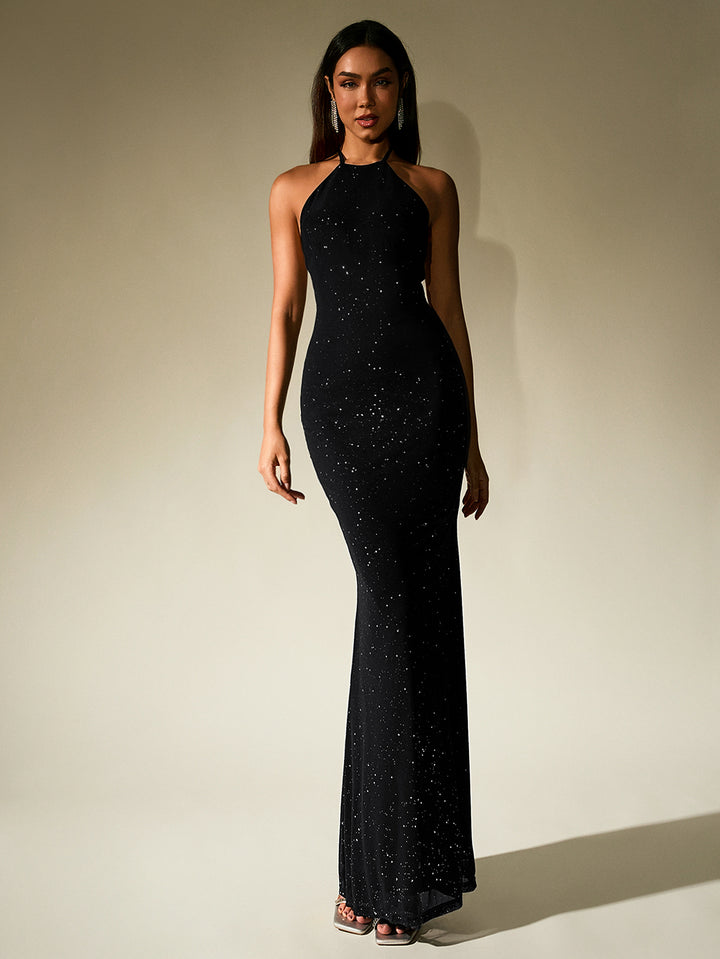 backless mesh sequin halter bodycon dress#color_black